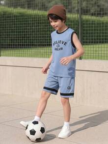 SHEIN Casuvi Kids 男童休闲运动日常穿着套装，包括圆领宽松字母印花短袖T恤和松紧腰宽松字母印花短裤，夏季男童篮球服 - 霧霾藍 - 查看 4