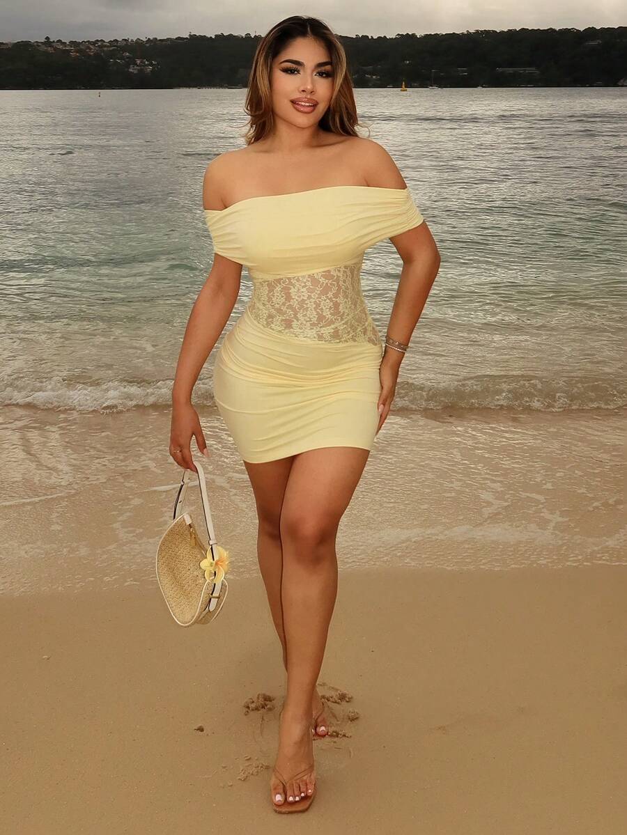 Maria Perezxox Y2K 性感露肩百褶蕾絲拼接優雅度假洋裝 夏季 - 淡黃色 - 查看 1