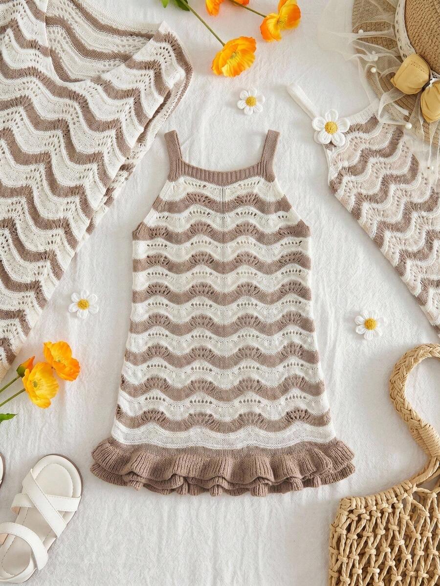 SHEIN Young Girl Crochet Cute Vacation Wavy Colorblock Floral Hem Cami Dress - Coffee Brown - View 1