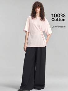 Ontre 女款素色百褶休閒百搭日常T恤，淺粉色夏季居家度假款 - 粉色 - 查看 7