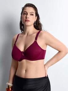 Slumbrini One Piece Plus Size Solid Color Stretchy Ultra-Thin Underwire Bra, Simple For Daily Wear - Burgundy - View 8