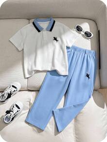 SHEIN 2件組兒童小男孩寬鬆休閒 Polo 衫與長褲套裝，男孩服飾套裝，適合春/夏、情人節、約會、夏季穿搭、海灘週末、家庭聚會、返校季、婚禮季、運動、生日派對 - 彩色 - 查看 4