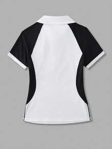 CourtClass CourtClass Kaos Polo Kasual Olahraga Lengan Pendek Raglan Warna Kontras untuk Wanita, Atasan Tenis dan Golf Wanita - Hitam dan Putih - View 2