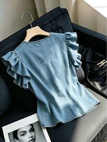 SHEIN Franclia 女款休閒百搭白色襯衫，荷葉袖波浪袖，V領套頭上衣，波點印花短袖襯衫，背心上衣，夏季度假穿搭 - 淺色水洗藍 - 查看 2
