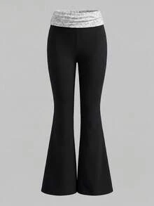 SHEIN Teen Girls Contrast Color Folded Waist Flare Pants - Multicolor - View 6