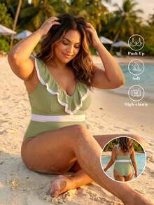 ELLERISSA Plus Size Green V-Neck Frill Trim One-Piece Swimsuit - Green - View 1
