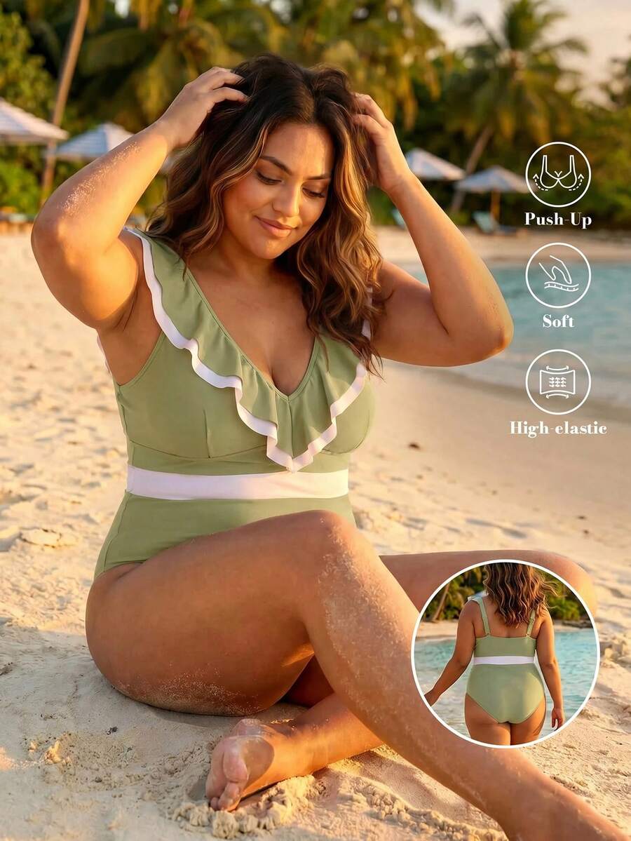 ELLERISSA Plus Size Green V-Neck Frill Trim One-Piece Swimsuit - Green - View 1