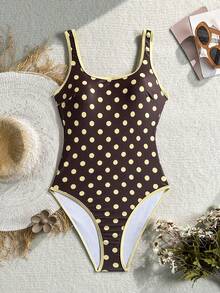SHEIN Swim Women's One-Piece Swimsuit With Floral And Plaid Print, Slimming Flattering Fit, Summer Holiday Beach Pool Party Brown Polka Dot Retro Vintage 70s - Multicolor - View 3