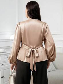 Modelyn Blusa cruzada de color liso elegante para ir al trabajo de talla grande - Caqui - Ver 2