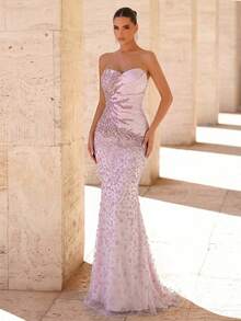 Glamrae Elegantes luxuriöses trägerloses Meerjungfrau-Kleid aus elastischem Strick mit Perlen, Pailletten, 3D-Blumenstickerei und Patchwork-Stoff, sexy, für Hochzeitsveranstaltungen, Junggesellinnenabschied, Urlaub, Abschlussball und Abendgala (Stil mit aufwendiger Verarbeitung) - Pink - Übersicht 9
