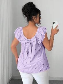 Elenzga Plus Size Women's French Casual Elegant Cute Kawaii Bow Blue And White Boat Neck Flutter Sleeve Blouse Vacation Summer Top Birthday Brunch Dinner - Purple - View 8