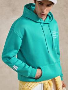 Courvante Men Slogan Graphic Kangaroo Pocket Drop Shoulder Hoodie, Fall, Long Sleeve Top, Tennis - Mint Blue - View 4