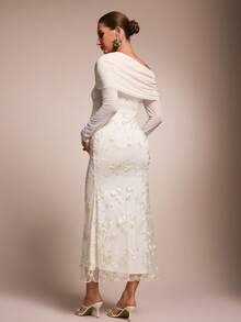 MaterniChic Elegant Maternity Decent Fitted Long-Sleeved Floral White Dress Embroidery Asymmetric Neckline Autumn Fall Wedding Photoshoot Baby Shower - Apricot - View 4