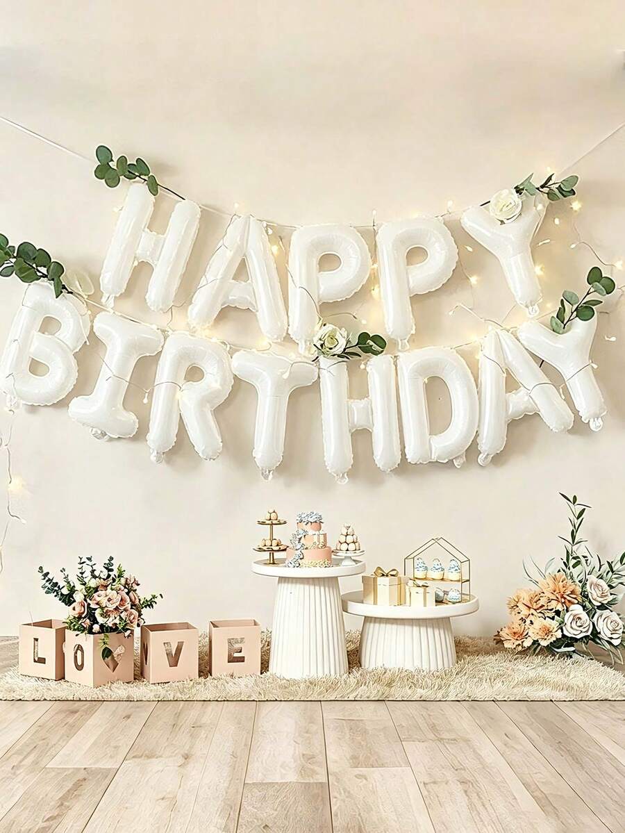 MINKOJA 1件/13件組 16英吋 Happy Birthday 生日橫幅字母氣球,黑銀白棕奶油多巴胺配色可選,主題生日裝飾,男女適用生日派對裝飾,居家派對背景房內佈置(含吹氣管與繩子) - 白色 - 查看 1