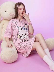 Notgurli Moo Moo House Dress Cute Rabbit Print Loose Women's Nightgown - Multicolor - View 3