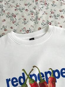 SHEIN EZwear 女款白色復古辣椒圖案圓領長袖衛衣，秋冬度假節慶上班穿搭 - 白色 - 查看 5