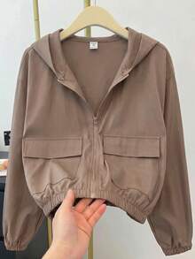 SHEIN Teen Girl Woven Solid Color Patch Pocket Short Loose Casual Hooded Autumn Winter Jacket , Holiday - Multicolor - View 12