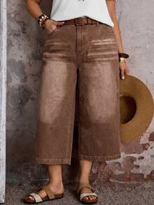 EMERY ROSE EMERY ROSE Plus Size Casual Washed Wide Leg Denim Jeans - Brown - View 6