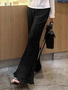 DAZY 女款波點印花荷葉邊喇叭褲優雅長褲，適合高個女性 - 黑色 - 查看 4