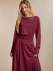 BizChic Vestido largo color burdeos con cintura ceñida, hombros descubiertos y cuello cuadrado, estilo formal de negocios, estilo de vacaciones, chic relajado, cita nocturna, uso diario, vacaciones, fiesta, invitada de boda, Día de la Independencia, temporada de graduación, festival de música, estilizante, elegante, versátil, verano, trayecto, oficina, salida, playa, reunión, social, vacaciones, compras, té de la tarde, viaje, lujo ligero, minimalista - Marrón - Ver 5
