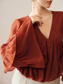 BELROSIE Romantic Elegant Floral Bud Hem V-Neck Semi-Sheer Chiffon Ruffle Bell Sleeve Blouse Tea Party Rusty Orange Autumn - Brown - View 1