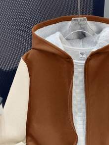 SHEIN 兒童青少年男孩休閒連帽拼色長袖複合抓絨內裡中磅梭織黑色外套，適合學校、花園、海灘、生日，四季皆宜 - 棕色 - 查看 5