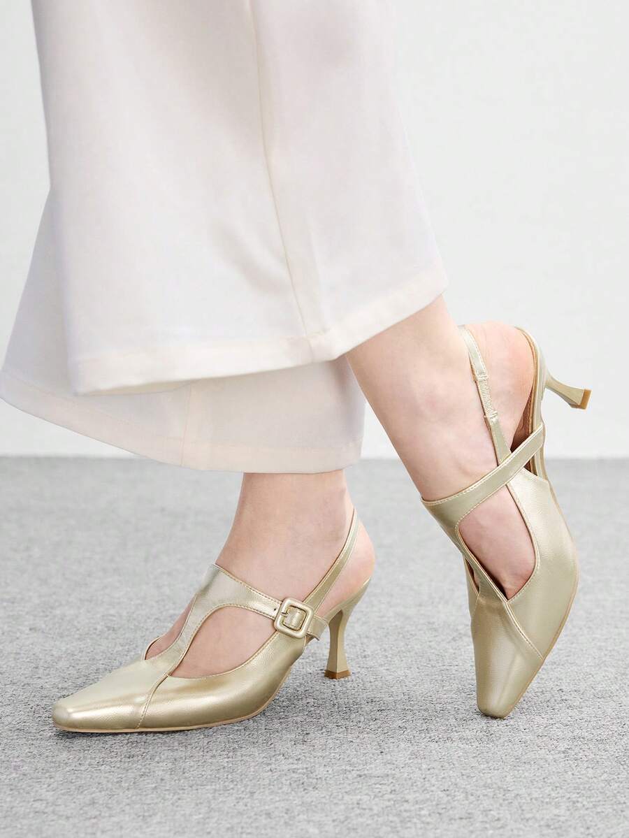 CUCCOO BIZCHIC Women's Pointed Stiletto, Stylish, Simple, Breathable And Comfortable, Daily Party Shoes With Exposed Heels Fall Shoes - Gold - View 1