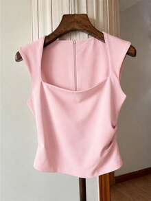 Resyla Top sin mangas de mujer color rosa liso con cremallera en la espalda, cintura fruncida lateral y cuello cuadrado, adecuado para primavera y verano - Rosa Pálido - Ver 3