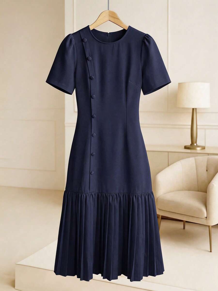 Franclia Gaun Wanita Elegan Panjang Sedang dengan Leher Bulat, Penutup Kancing, dan Hem Berlipit - Navy Blue - View 1