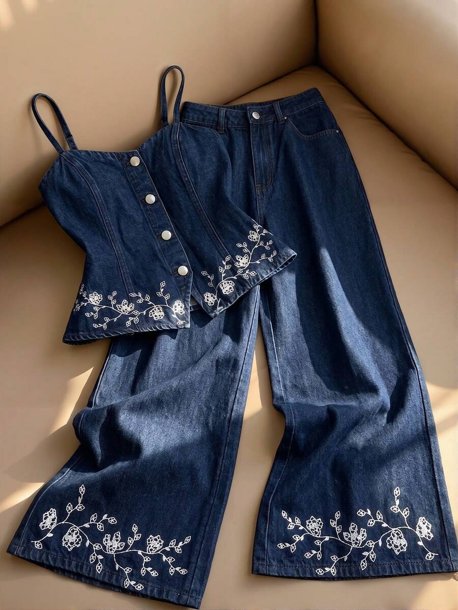 GlowEve Women's Floral Embroidered Camisole & Long Pants Denim Set - Dark Wash - View 1