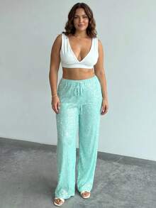 SHEIN PETITE CURVE 女款大尺碼時尚亮片直筒長褲 - 薄荷藍 - 查看 9