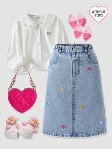 Girls' Denim Skirt, Light Blue Washed Denim, Side Slanted Pockets, Back Double Patch Pockets, Colorful Heart Embroidery, A-Line Straight Mid-Length, Back Slit Design, Suitable For Spring And Autumn, Can Be Paired With T-Shirt, Shirt Or Knitwear, Suitable For Daily Commute, Casual Shopping And Campus Scenes - Light Wash - View 2
