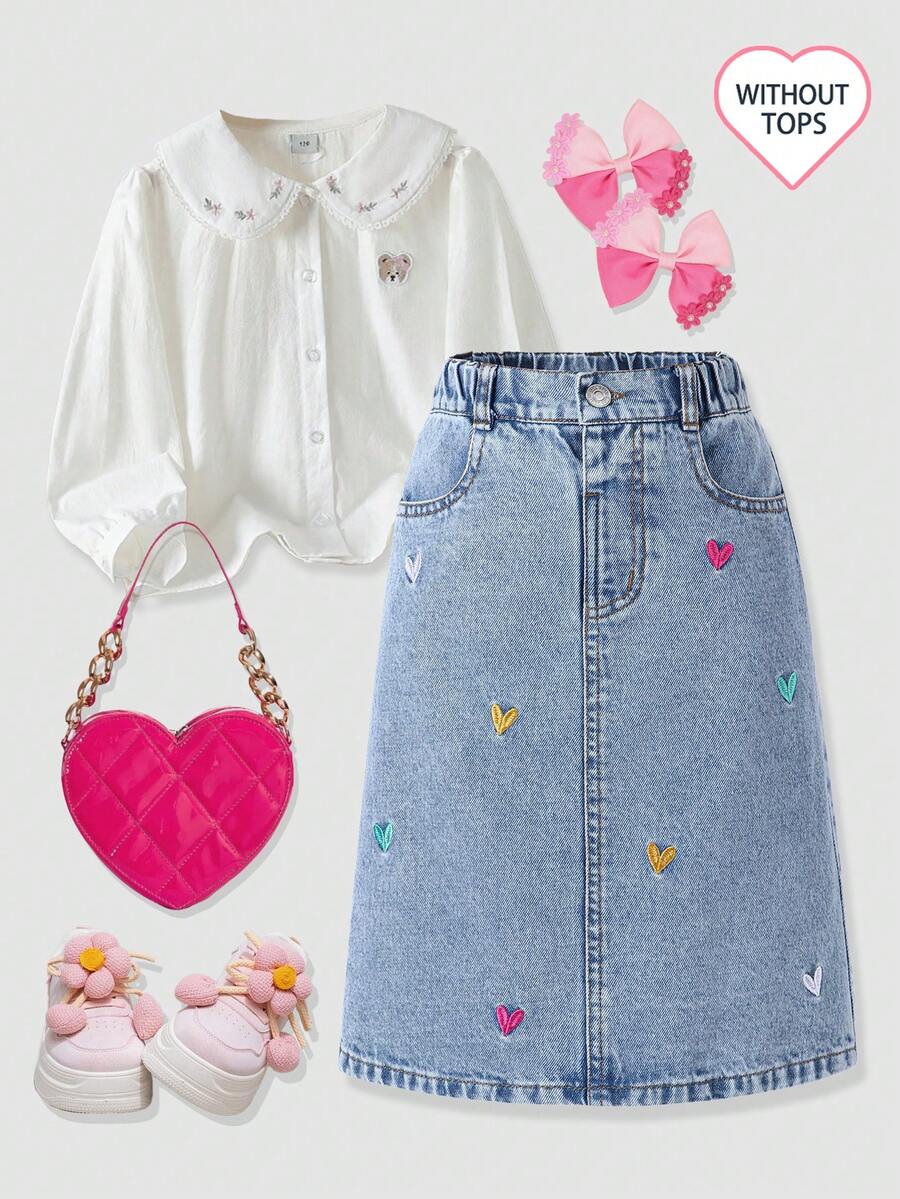 Girls' Denim Skirt, Light Blue Washed Denim, Side Slanted Pockets, Back Double Patch Pockets, Colorful Heart Embroidery, A-Line Straight Mid-Length, Back Slit Design, Suitable For Spring And Autumn, Can Be Paired With T-Shirt, Shirt Or Knitwear, Suitable For Daily Commute, Casual Shopping And Campus Scenes