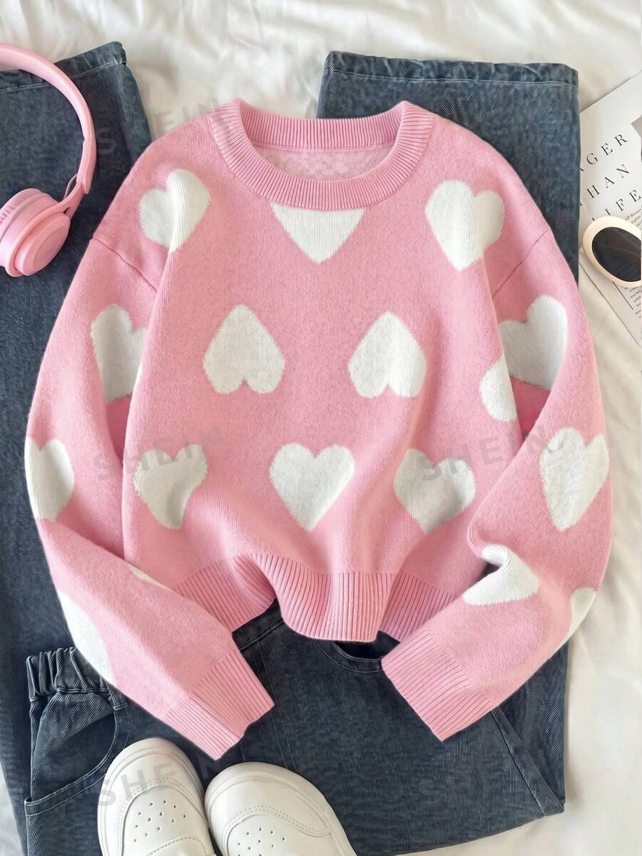 SHEIN Girls' Autumn/Winter Fashion Minimalist Casual Heart Pattern Jacquard Knit Sweater Long Sleeve Top - Baby Pink - View 1