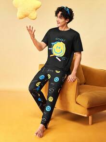 Notgurli Men's Summer Printed Crew Neck Short Sleeve Long Pants Casual Minimalist Comfortable Home Wear Pajama Set - Black - View 7