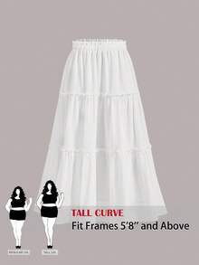 SHEIN Tall CURVE 大码弹力腰休闲荷叶边下摆百搭夏季半身裙 - 白色 - 查看 2