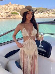 Sunnyshic Women's Pendant Decor Tassel Hem Backless Halter Neck Cover Up - Apricot - View 5