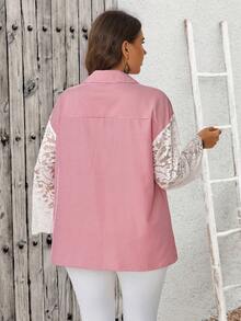 EMERY ROSE Plus Size French Fashion Red And White Lace Patchwork Single-Breasted Shirt Teachers' Day Office Brunch Formal Elegant Summer Fall Autumn - Pink - View 9