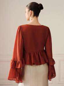 BELROSIE Romantic Elegant Floral Bud Hem V-Neck Semi-Sheer Chiffon Ruffle Bell Sleeve Blouse Tea Party Rusty Orange Autumn - Brown - View 7