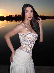 hhfernanda 女款花卉印花對比色優雅蕾絲細肩帶背心上衣，適合夏季度假、浪漫約會、生日派對、情人節休閒穿搭 - 彩色 - 查看 4