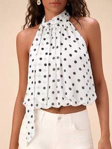 Travachic Blusa elegante de mujer con estampado de lunares y cuello de corbata, conjunto de verano para mujer, top elegante, top de lunares, top de verano - Blanco - Ver 5