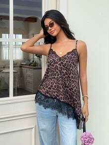 SHEIN Frenchy Women's Leopard Print Contrast Lace Fashion Sexy Camisole Going Out Night Out Party Brown Summer - Multicolor - View 8