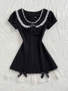 Elamini Minimalist Lace Cute Sexy Sweet Peter Pan Collar Lace Trim Patchwork Bow Short Sleeve A-Line Mini Dress Date Party Black And White Summer - Black - View 1