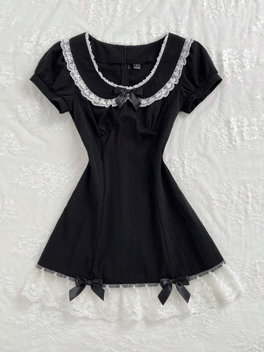 Elamini Minimalist Lace Cute Sexy Sweet Peter Pan Collar Lace Trim Patchwork Bow Short Sleeve A-Line Mini Dress Date Party Black And White Summer - Black - View 1