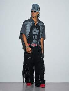 Modcrash Men's Grey Gothic Portrait & Slogan Print Button-Down Shirt, Street Dark Style Shirt - Dark Grey - View 7