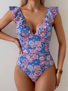 Swim Vcay 女款夏季度假海灘碎花荷葉邊繫帶連身泳衣套裝 - 藍色 - 查看 5