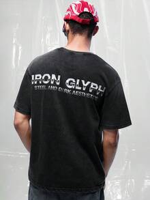 IRON GLYPH 男士字母印花時尚百搭圓領短袖T恤，度假風 - 黑色 - 查看 1