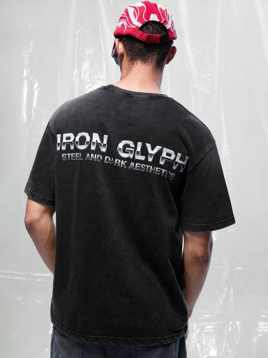 IRON GLYPH 男士字母印花時尚百搭圓領短袖T恤,度假風 - 黑色 - 查看 1