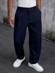 SLATEMANN Pantalones casuales versátiles de unicolor para hombres para ir al trabajo - Azul Marino - Ver 1