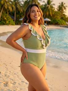 ELLERISSA Plus Size Green V-Neck Frill Trim One-Piece Swimsuit - Green - View 4